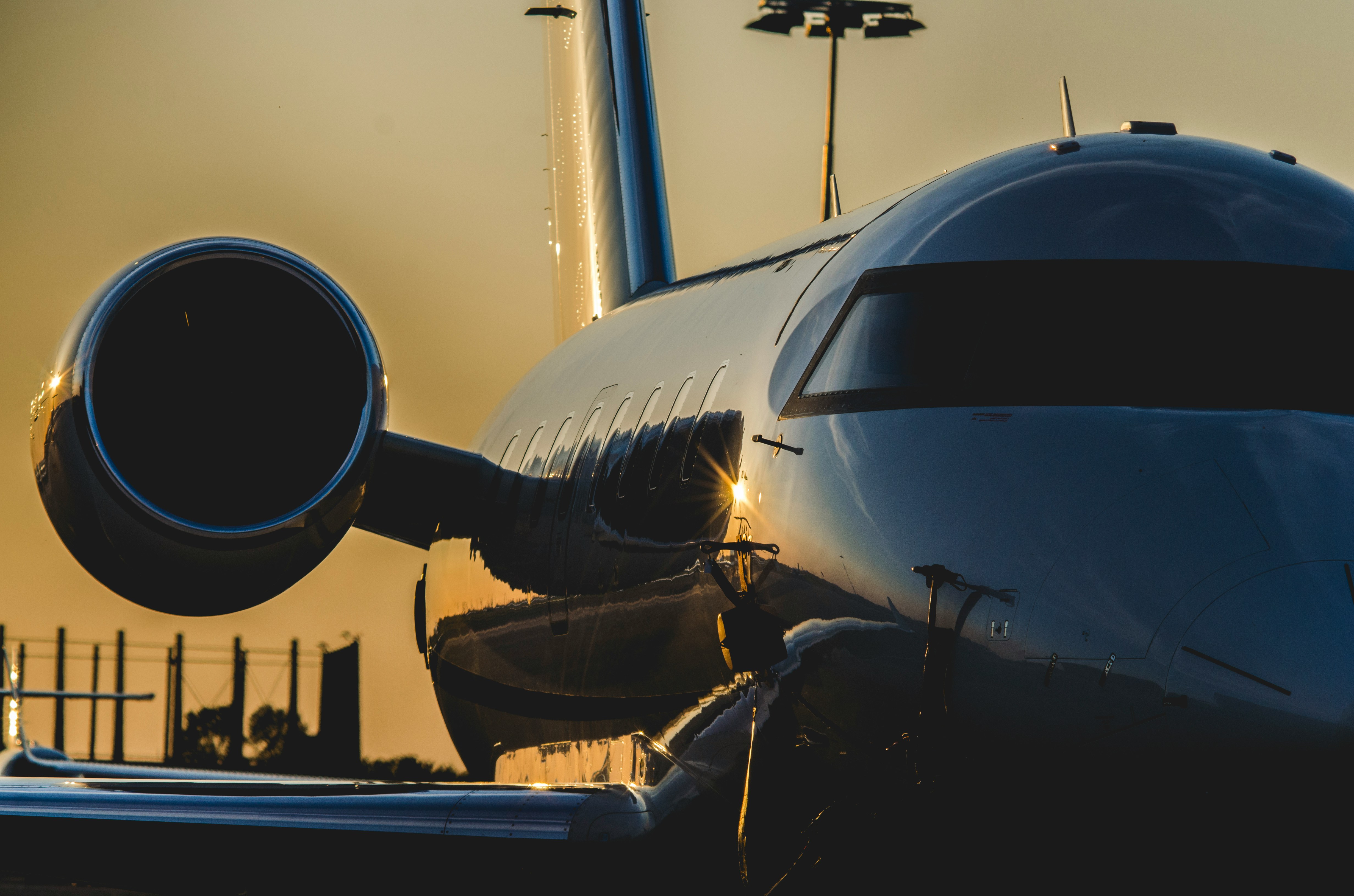 Business aircraft on the ramp at sunset