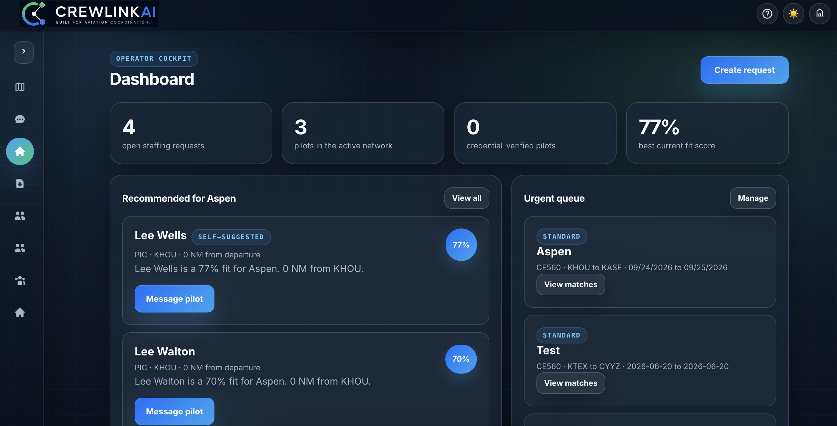 CrewLink AI crew discovery and trip matching view
