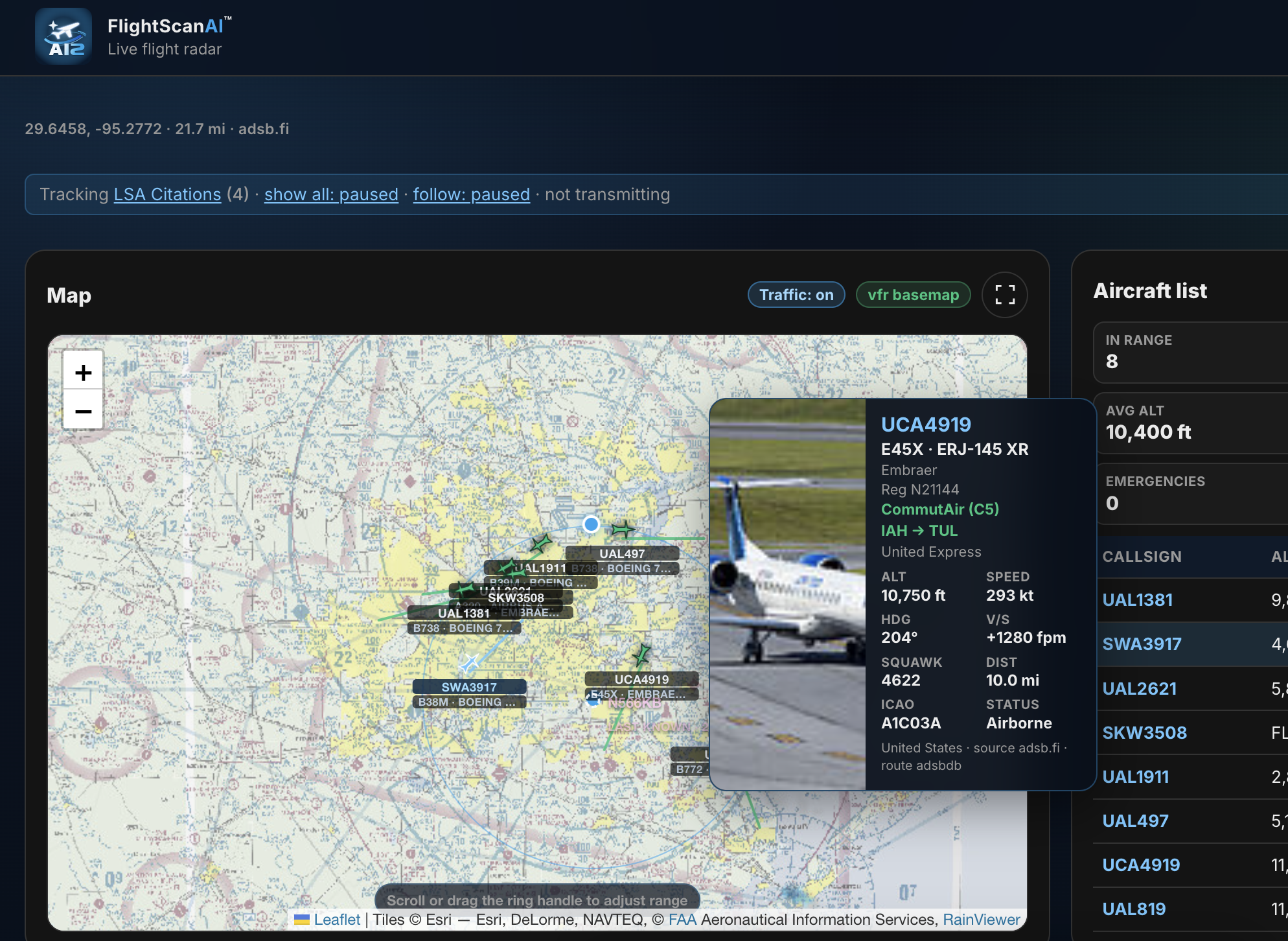 FlightScan AI map with aircraft tracks in a selected area